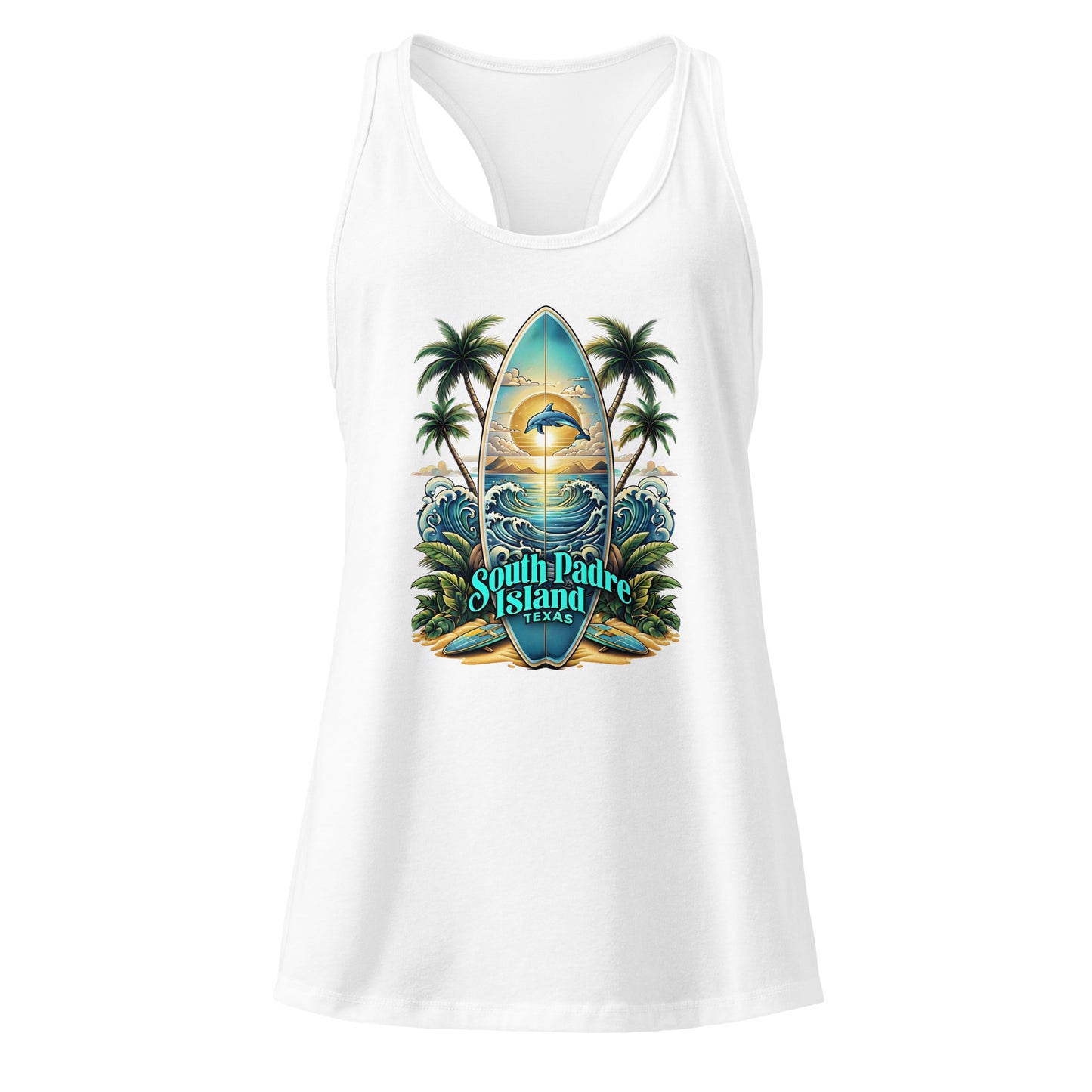 White tank top with a tropical design featuring palm trees and a surfboard on a white background